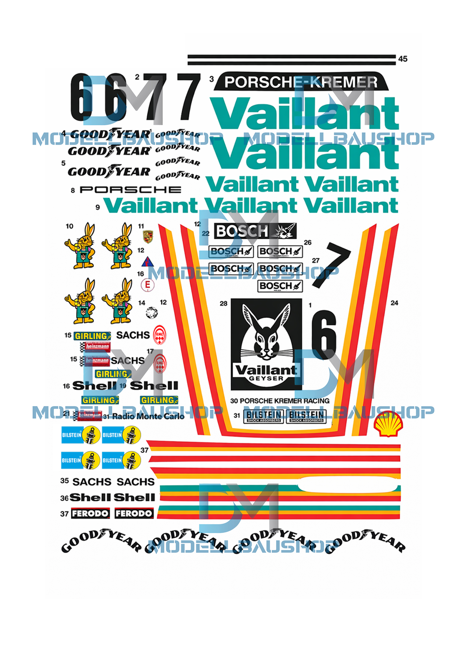 1:24 Decal Porsche 934 RSR Vaillant Kremer 1976 Racing Aufkleber Set