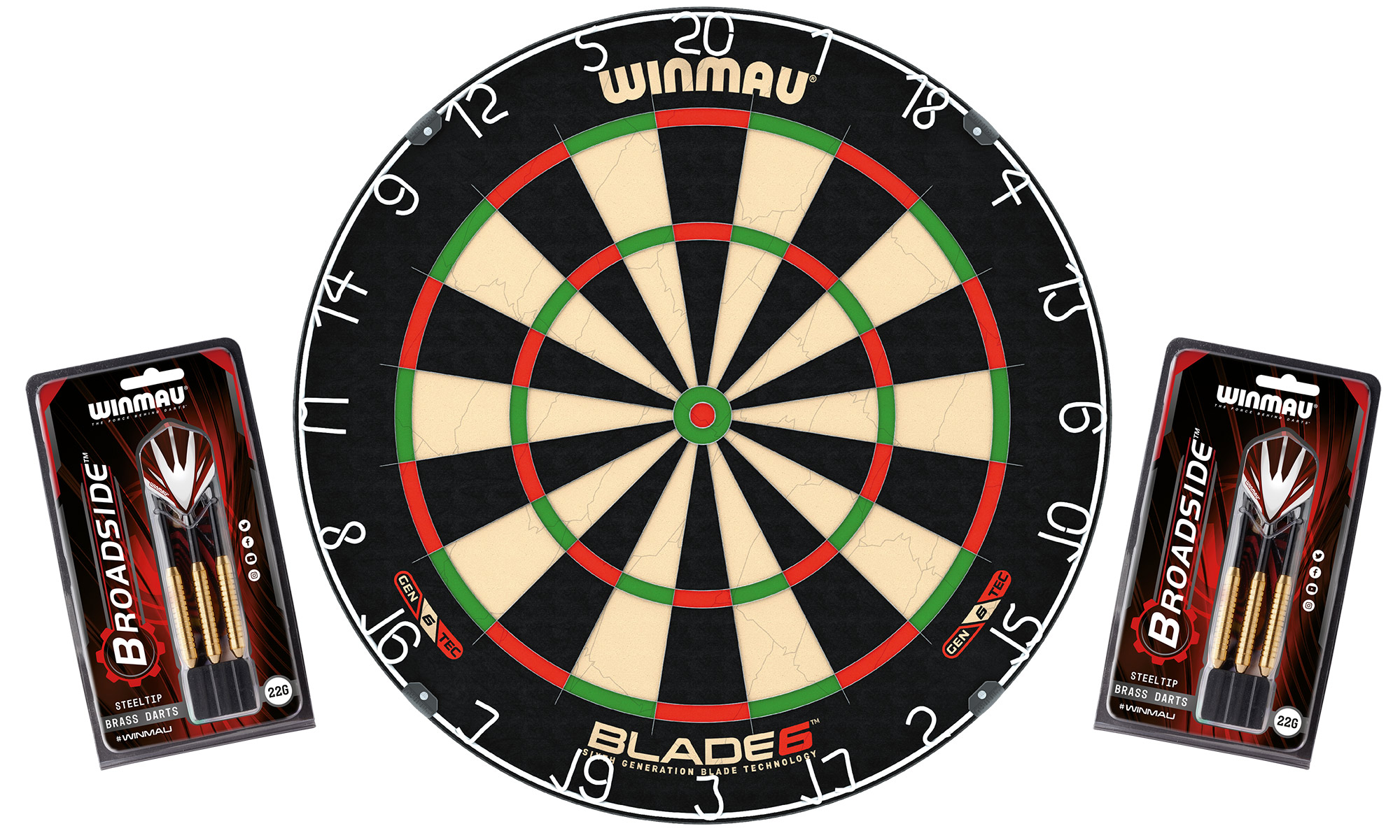 Winmau - Dartboard Bundle Original Blade 6 + 2 Steeldart Sets Broadside Brass