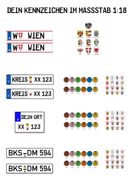 2er Set Wunschkennzeichen für Modellauto 1:18 Diorama Werkstatt Decal